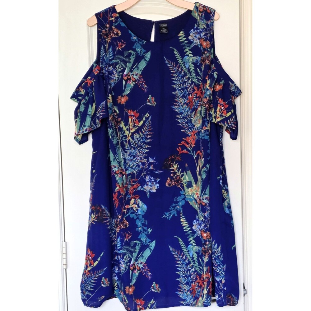 City Streets Women’s 22W Blue Floral Cold Shoulder Dress Plus Size Ruffle Sleeve